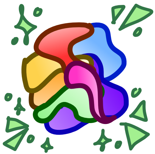 A conglomeration of variously brightly colored blobs form a big blob. Around the blob are green sparkles and emphasis triangles, and each blob has a unique slight dark to light value gradient. The image has dark line art.